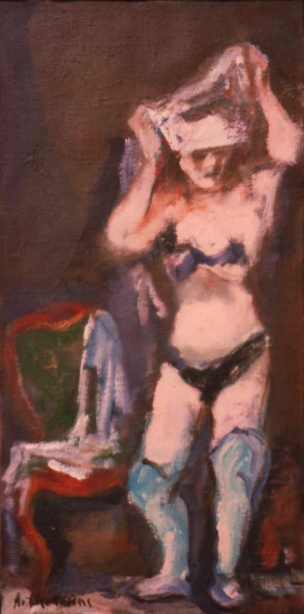 Figura che si spoglia, 1984, olio su tela, cm 60x30, Napoli, già collezione Di Caterino